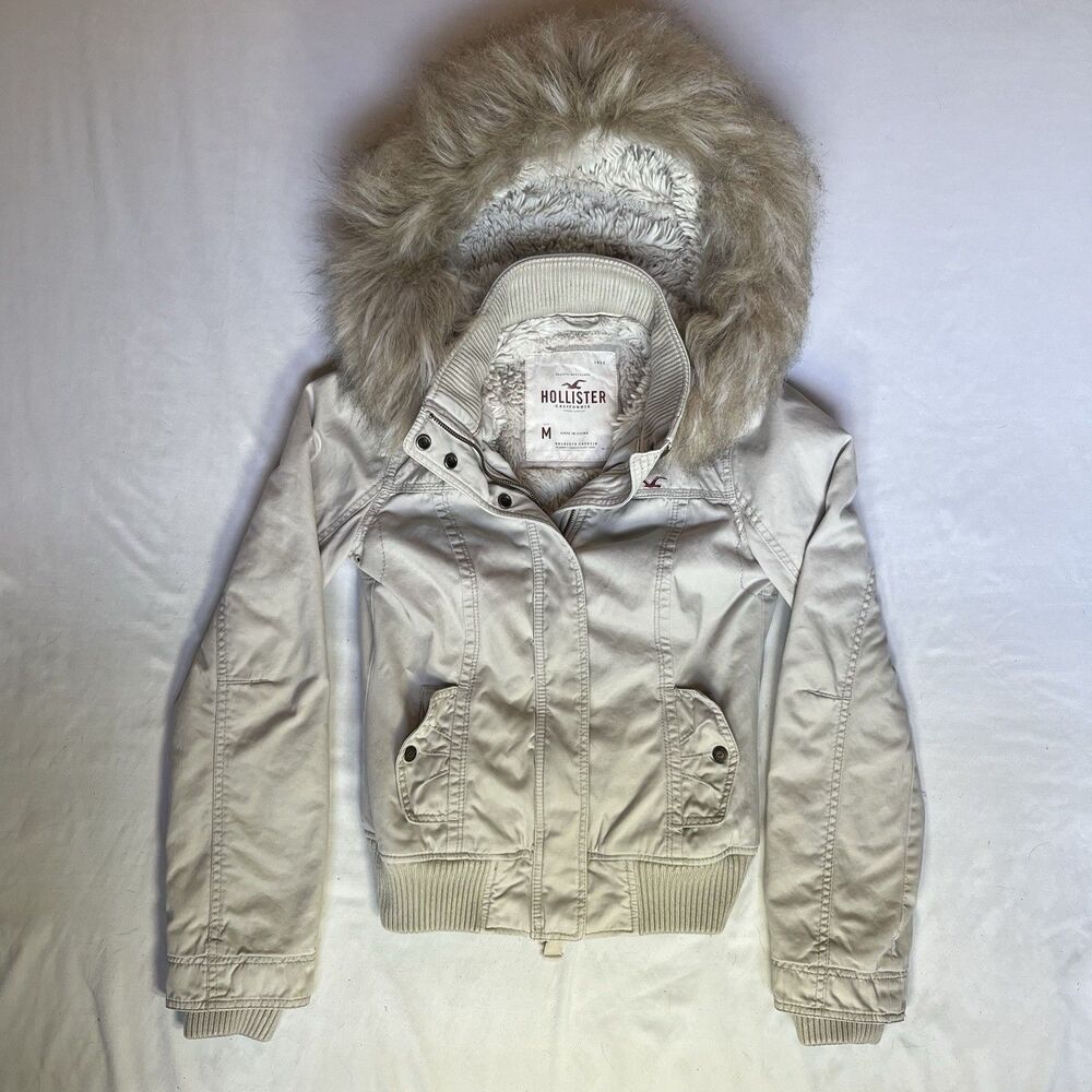 Vintage Y2K Cream Hollister Co. Fur Lined Hooded Jacket Babydoll Womens Size S